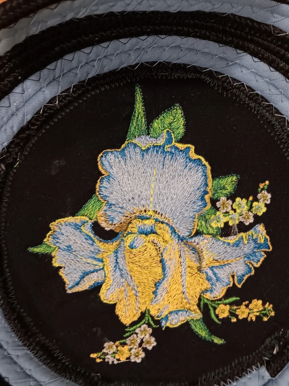 Embroidered Iris Round Patch with Sky Blue Trim.  Hand Made